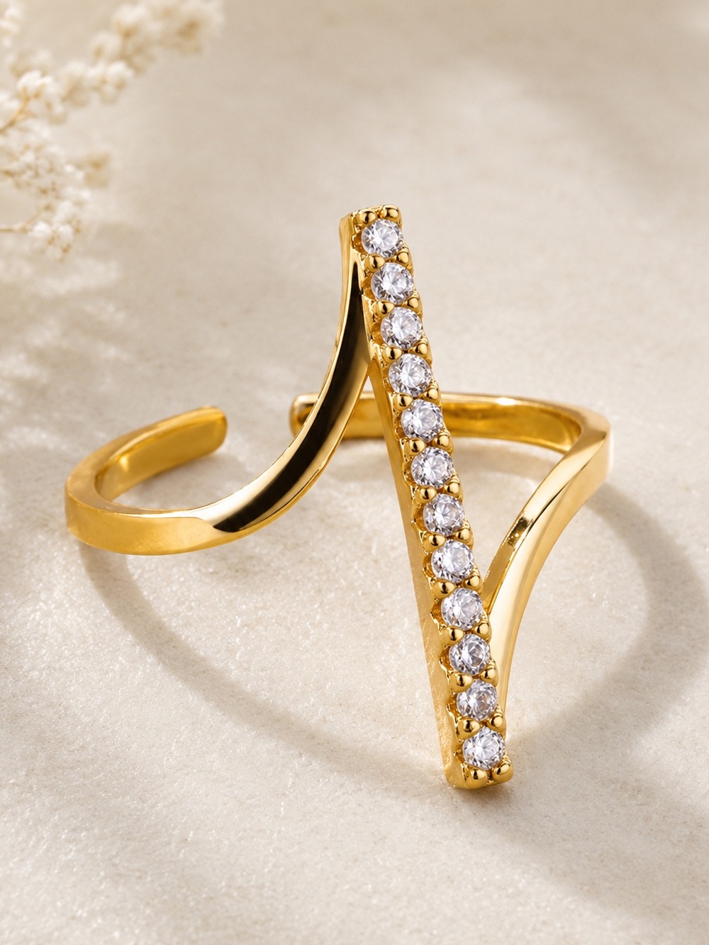 18K Gold Plated Stainless Steel Crystal Open Cuff Ring | Adjustable Gold Ring
